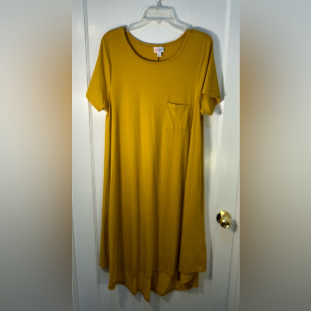LuLaRoe Women’s Large Carly Tee Shirt Dress Mustard With Pocket Short Sleeve